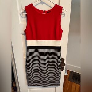 Tommy Hilfiger Red, White & Black Striped Midi Sheath Dress